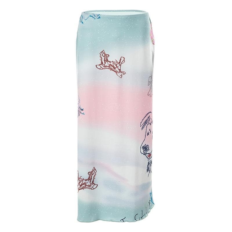 Y2K Tie Dye Maxi Skirt with Dog Pattern - Cute Comfy Aesthetic for Grunge & Coquette Styles