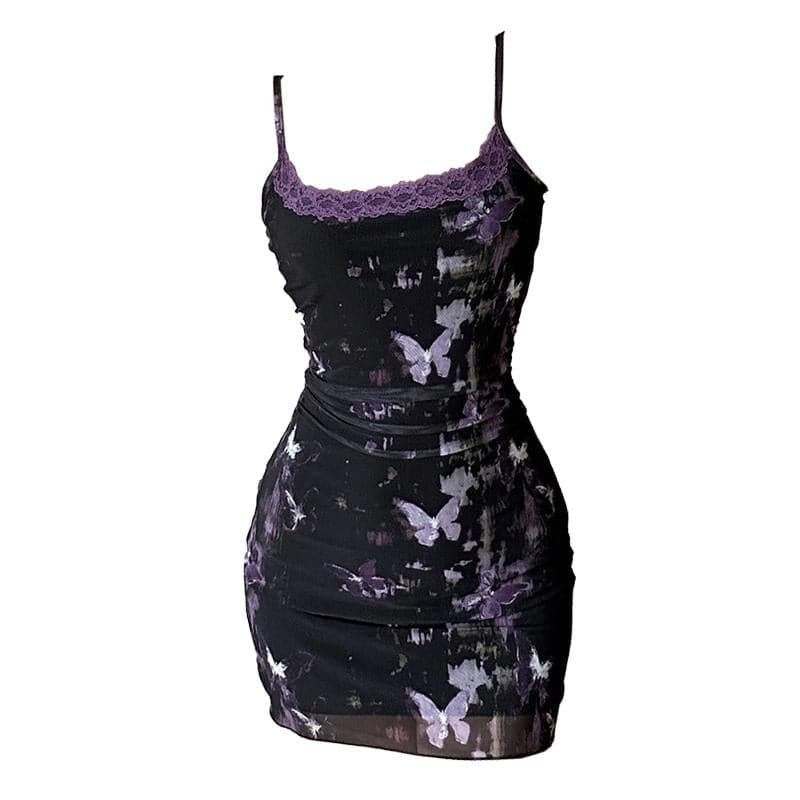 Y2K Tie Dye Mesh Butterfly Print Lace Hem Cami Mini Dress - Cute Coquette Aesthetic