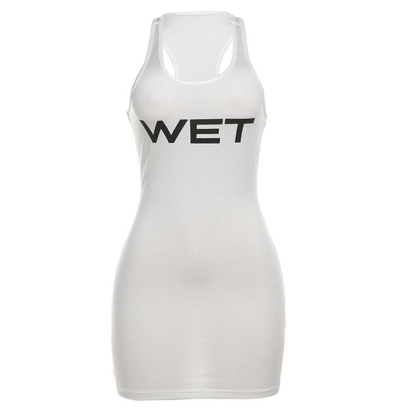 Y2K U-Neck 'WET' Print Sleeveless Mini Dress - Cute Grunge Aesthetic Tank Dress