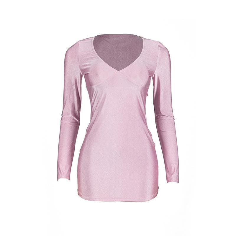Y2K V-Neck Long Sleeve Mini Dress - Cute Coquette & Grunge Aesthetic Fashion