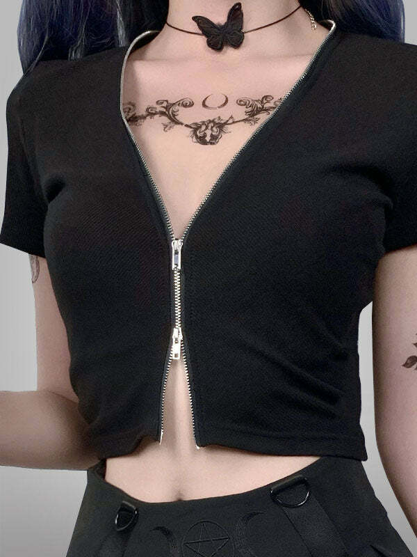 Y2K V-Neck Zipper Front Top - Cute Grunge Aesthetic Shirt for Coquette & Soft Girl Styles