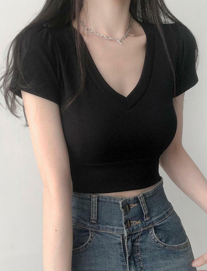 Y2K V Neck Casual Crop Top - Cute Aesthetic Top for Coquette, Grunge, and Soft Girl Styles
